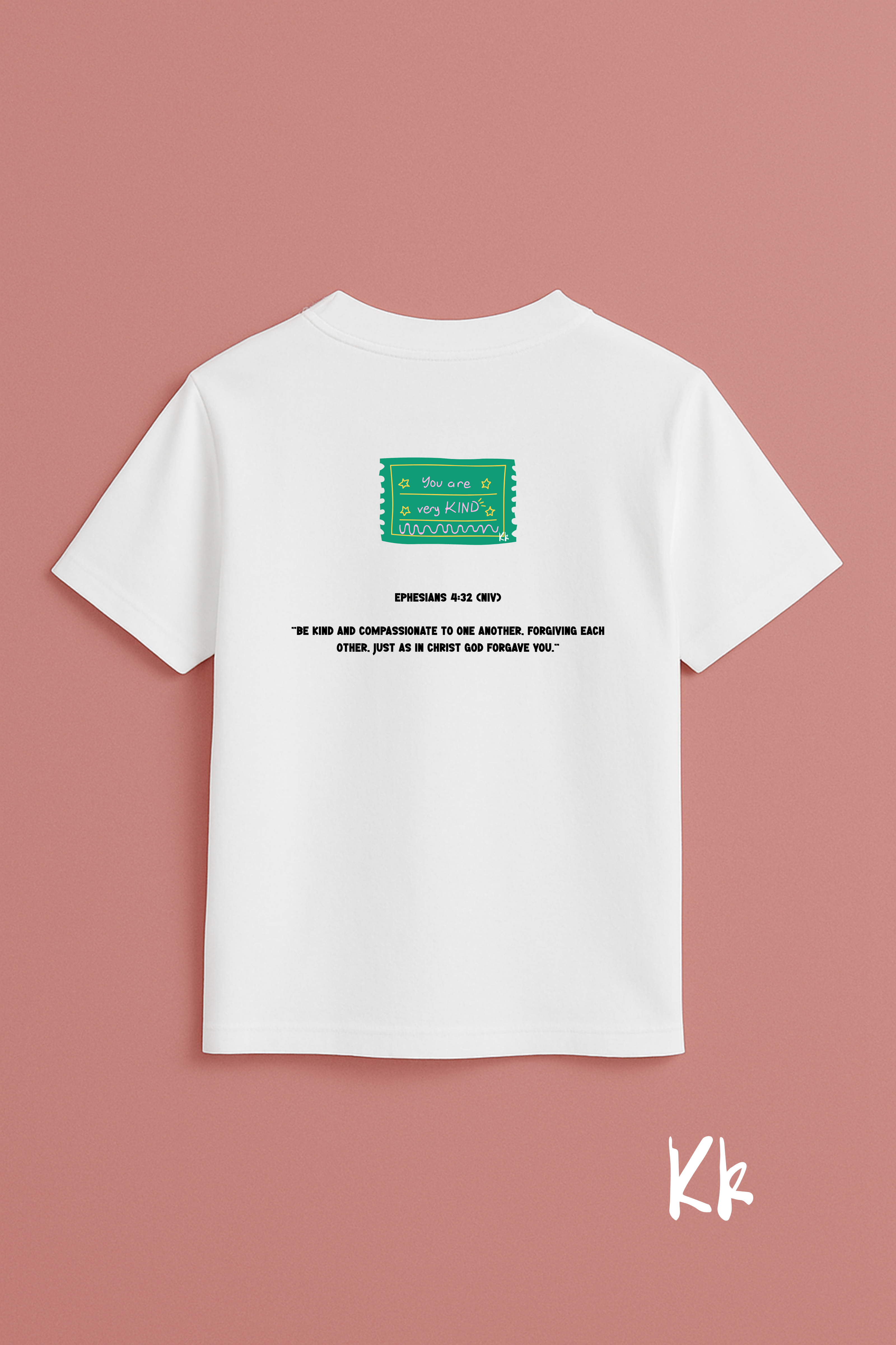 Back of Keino Kids T-shirt featuring Ephesians 4:32 Scripture – Christian personalised kidswear
