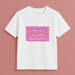 Faith-based personalised kids T-shirt with ‘Be Kind’ message in playful fonts on white tee – Keino Kids Kindness Collection