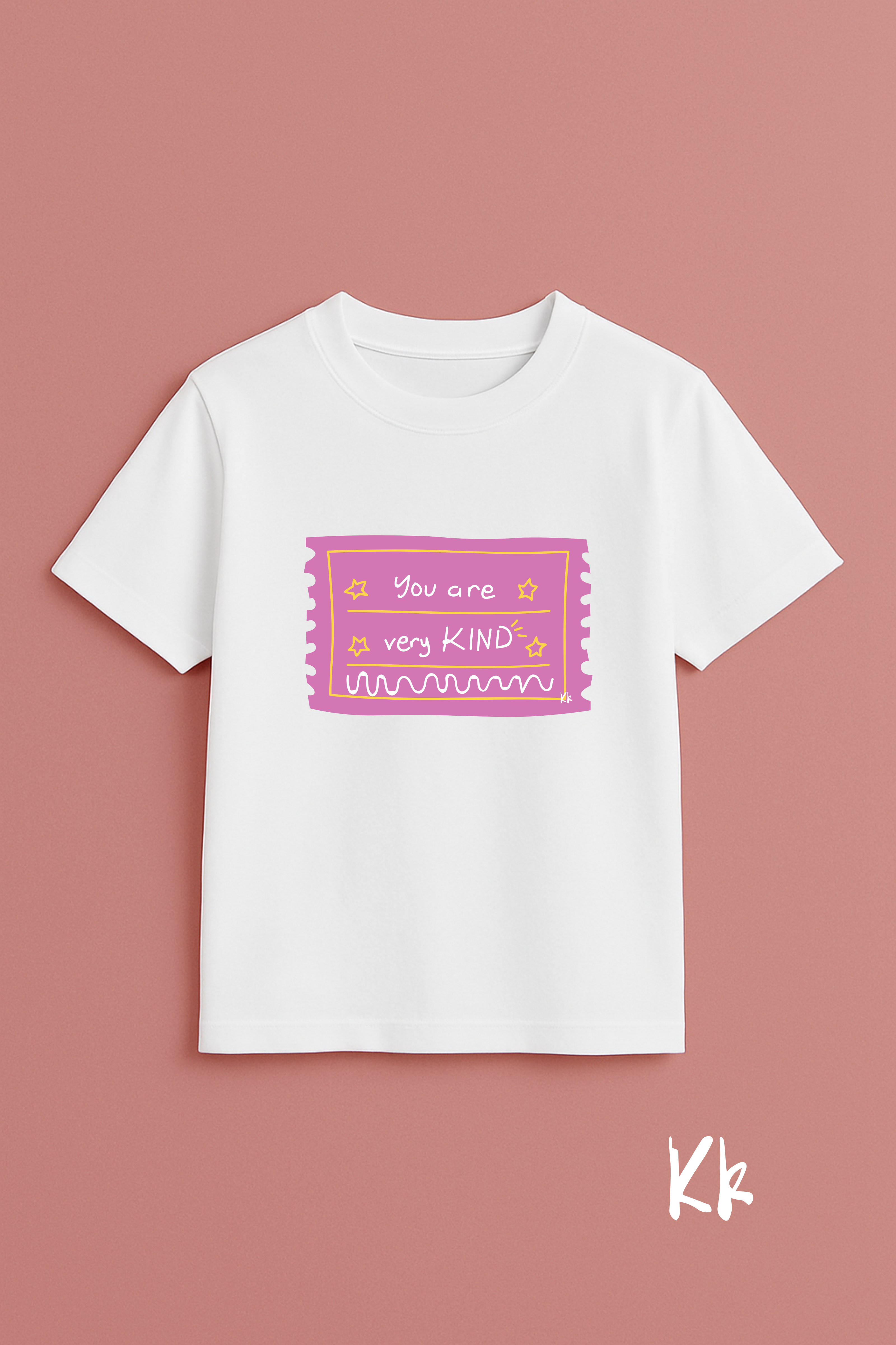 Faith-based personalised kids T-shirt with ‘Be Kind’ message in playful fonts on white tee – Keino Kids Kindness Collection