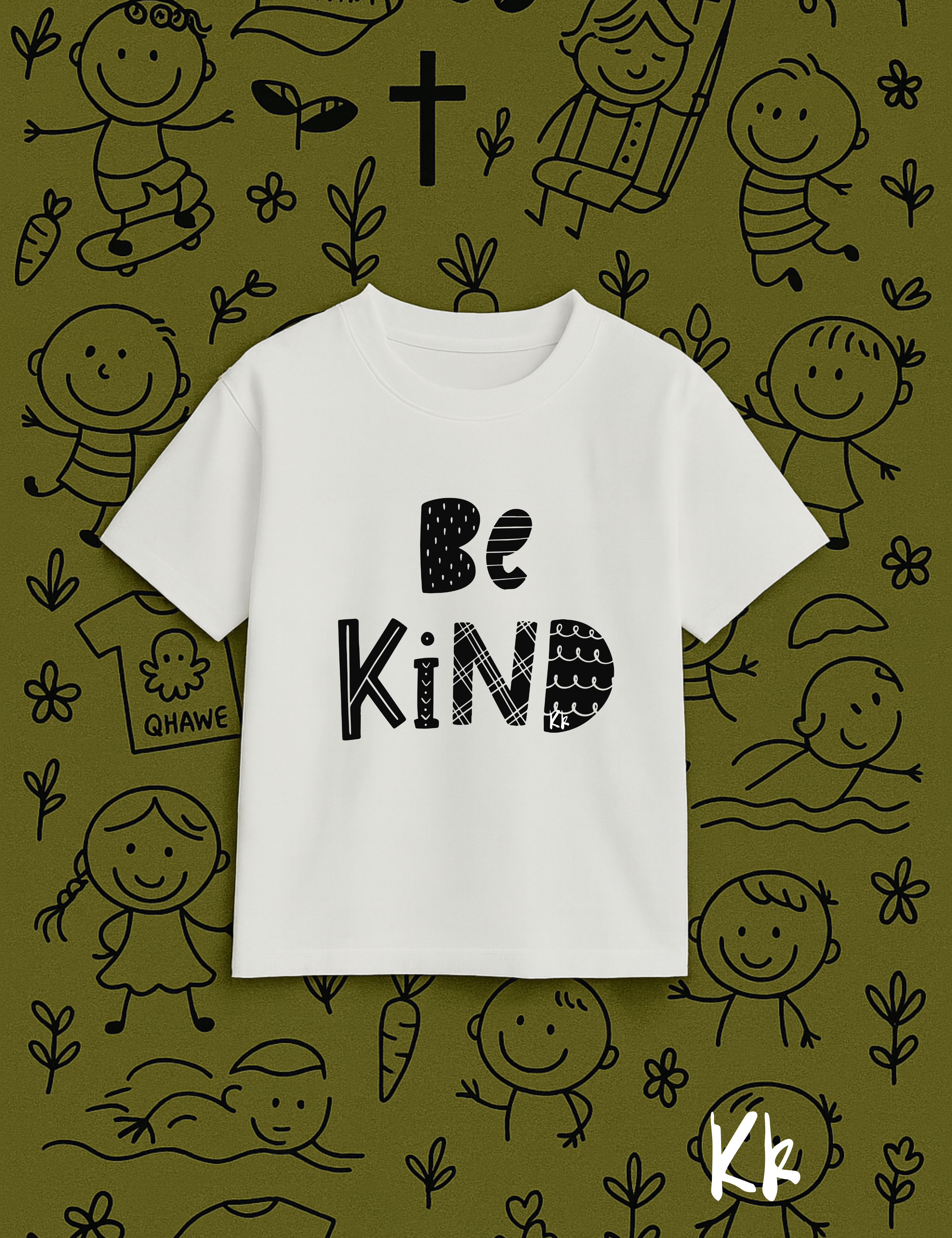 White t-shirt with 'Be Kind' text on a green background with black illustrations