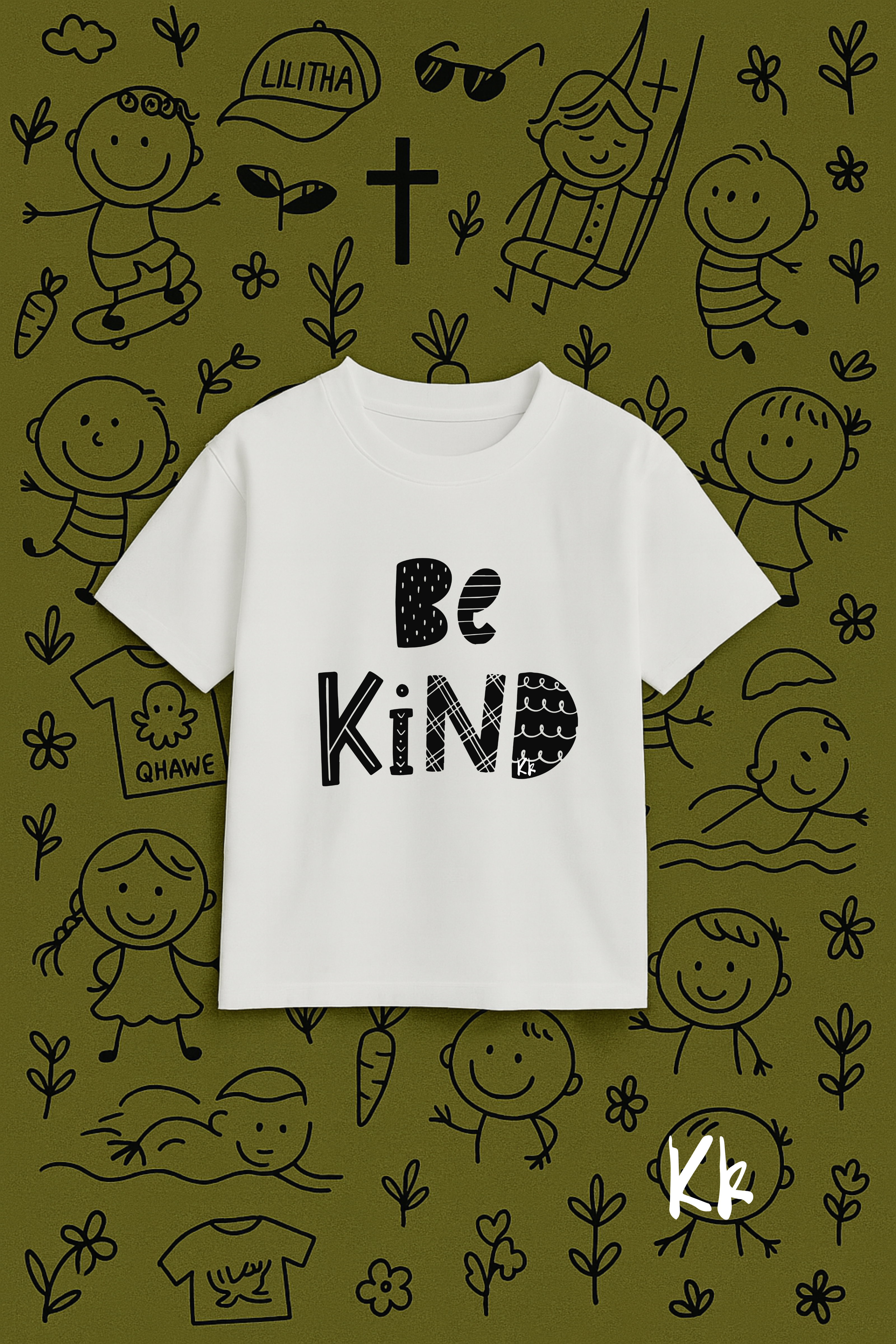 White t-shirt with 'Be Kind' text on a green background with black illustrations