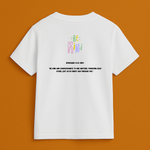 White t-shirt with colorful text on the front and black text on the back against an orange background