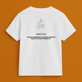 White t-shirt with colorful text on the front and black text on the back against an orange background