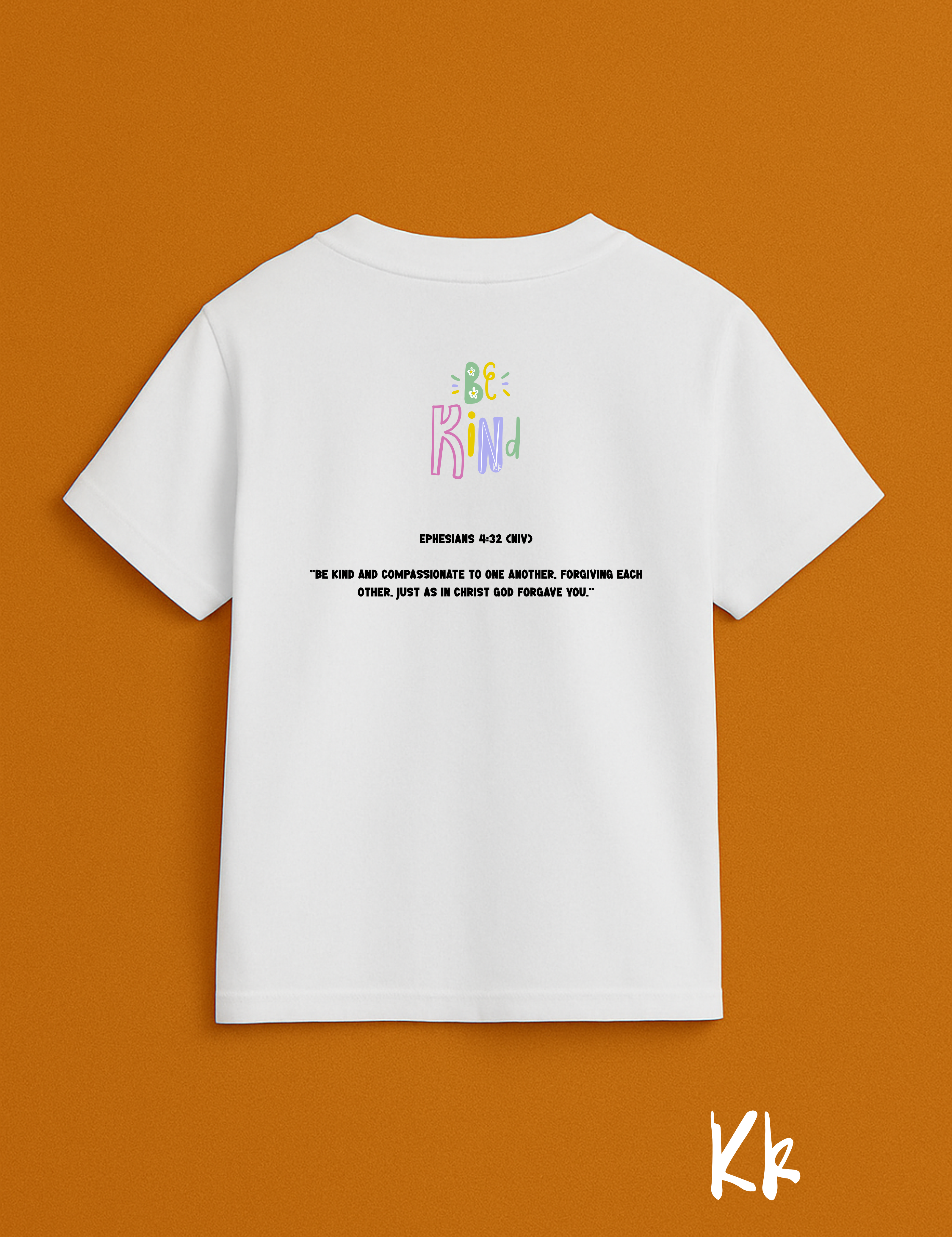 White t-shirt with colorful text on the front and black text on the back against an orange background