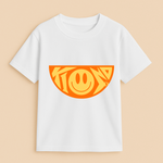White t-shirt with orange graphic design on a beige background