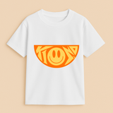 White t-shirt with orange graphic design on a beige background