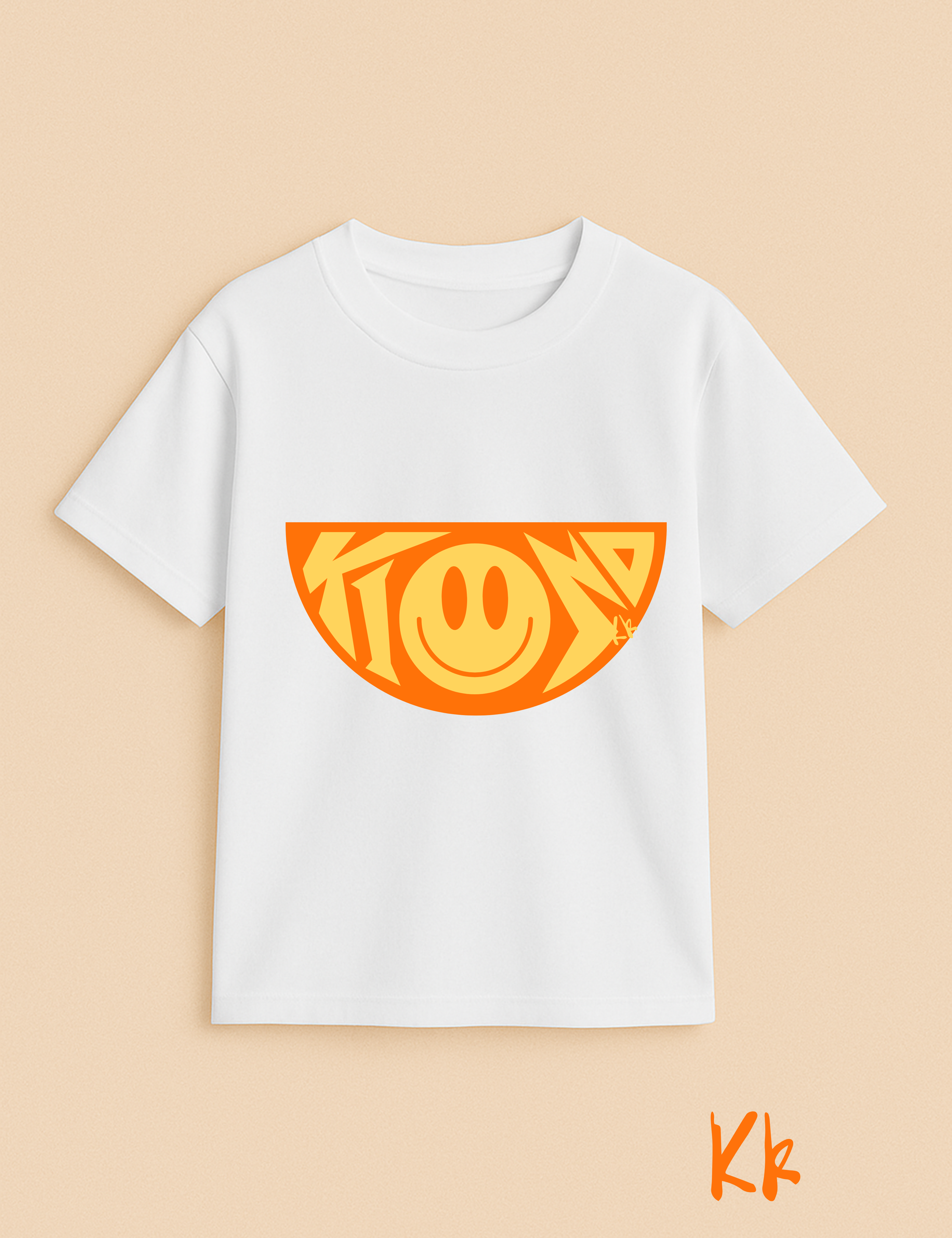 White t-shirt with orange graphic design on a beige background