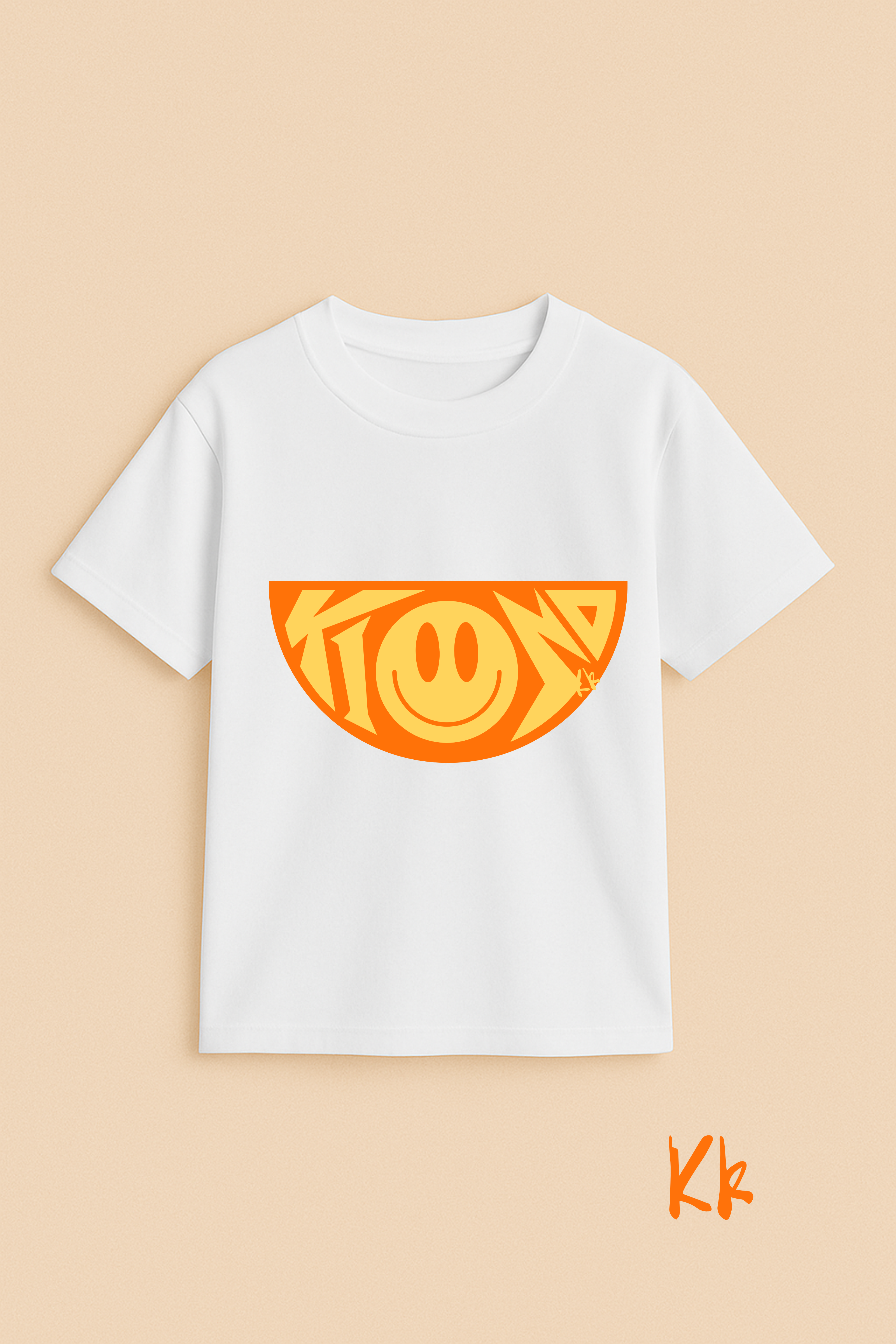 White t-shirt with orange graphic design on a beige background
