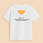 White t-shirt with orange logo and text on a beige background