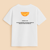 White t-shirt with orange logo and text on a beige background