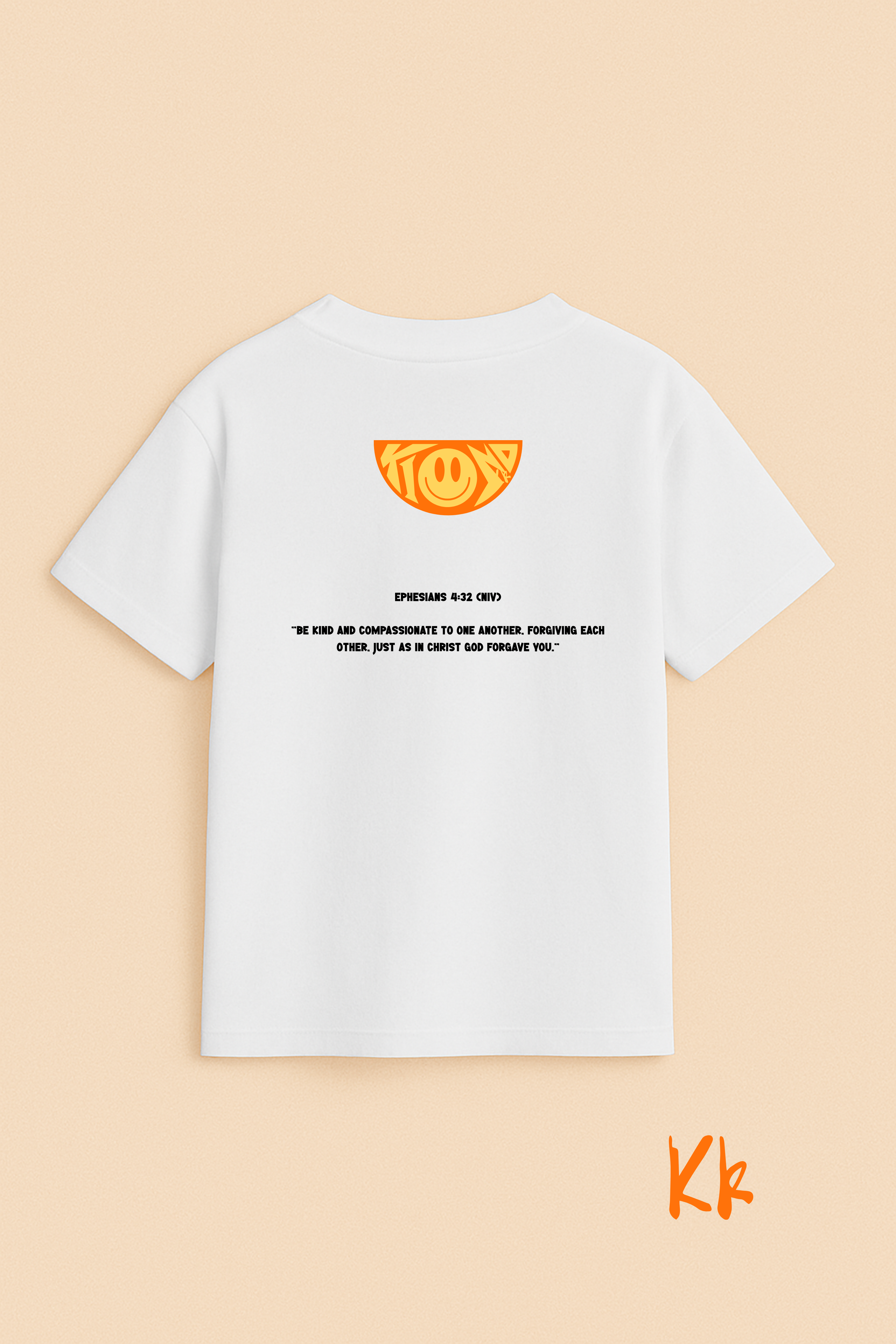 White t-shirt with orange logo and text on a beige background