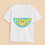 White t-shirt with a blue and yellow smiley face design on a beige background