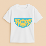 White t-shirt with a blue and yellow smiley face design on a beige background