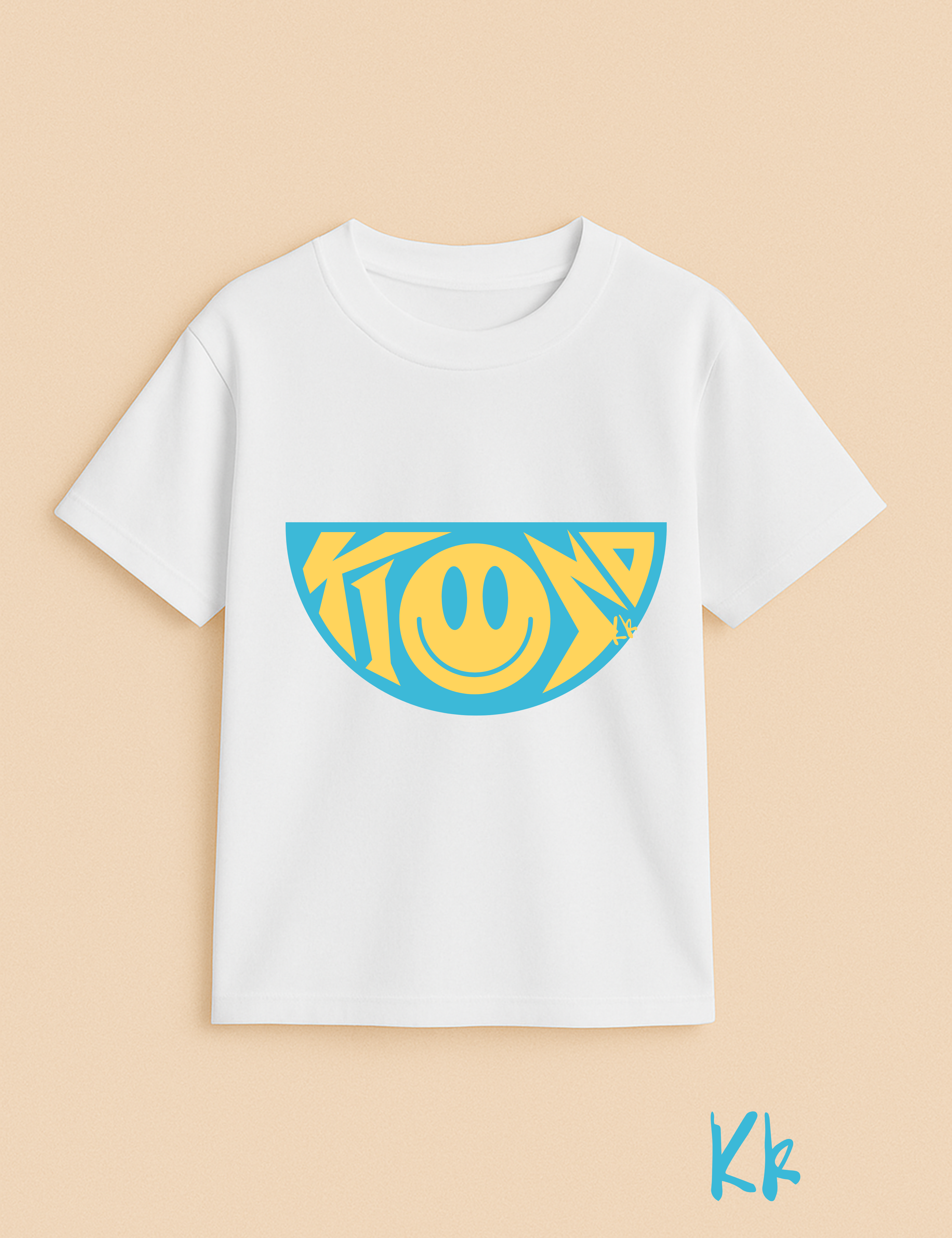 White t-shirt with a blue and yellow smiley face design on a beige background
