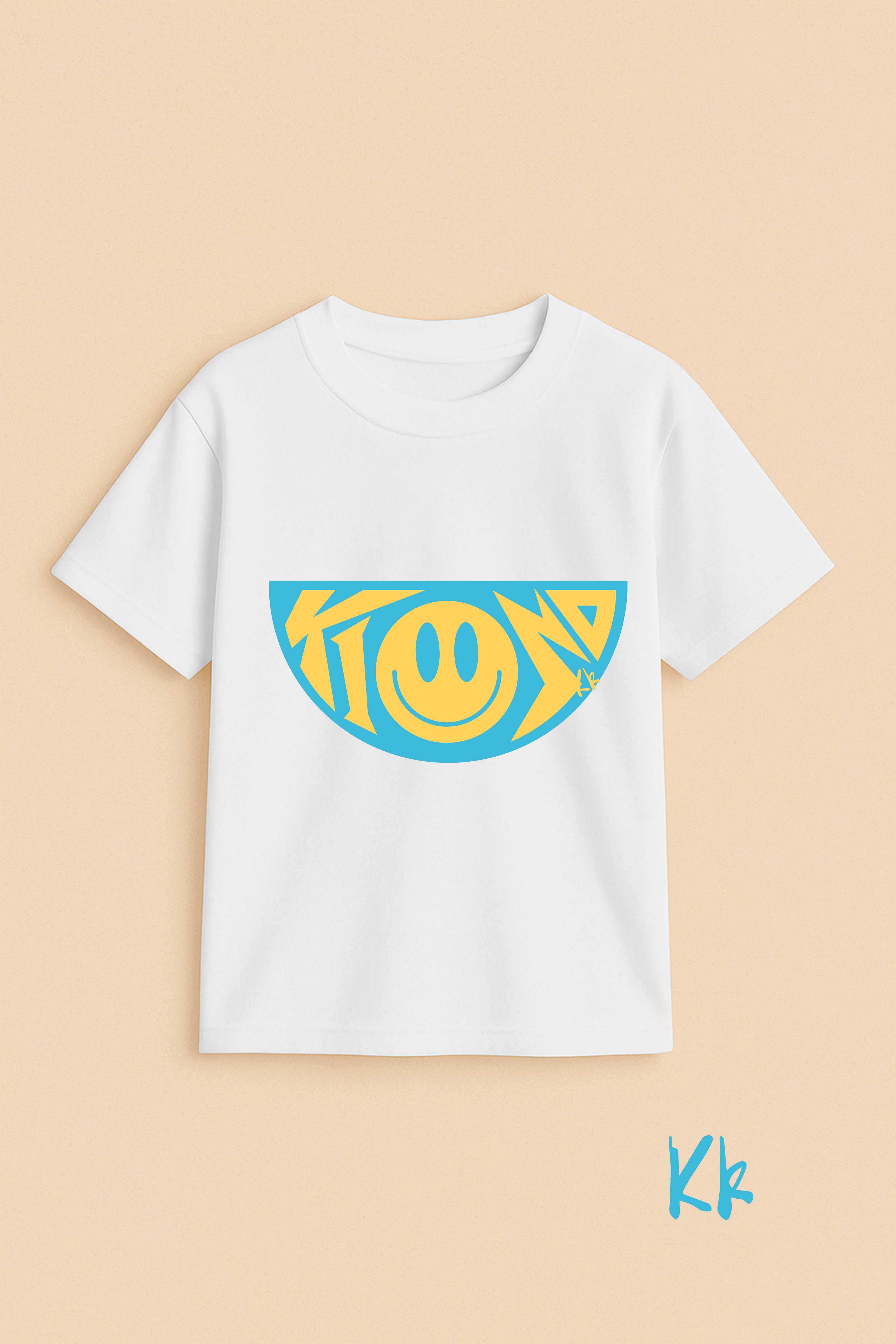 White t-shirt with a blue and yellow smiley face design on a beige background