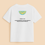White t-shirt with a yellow logo and text on the back against a beige background