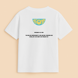 White t-shirt with a yellow logo and text on the back against a beige background