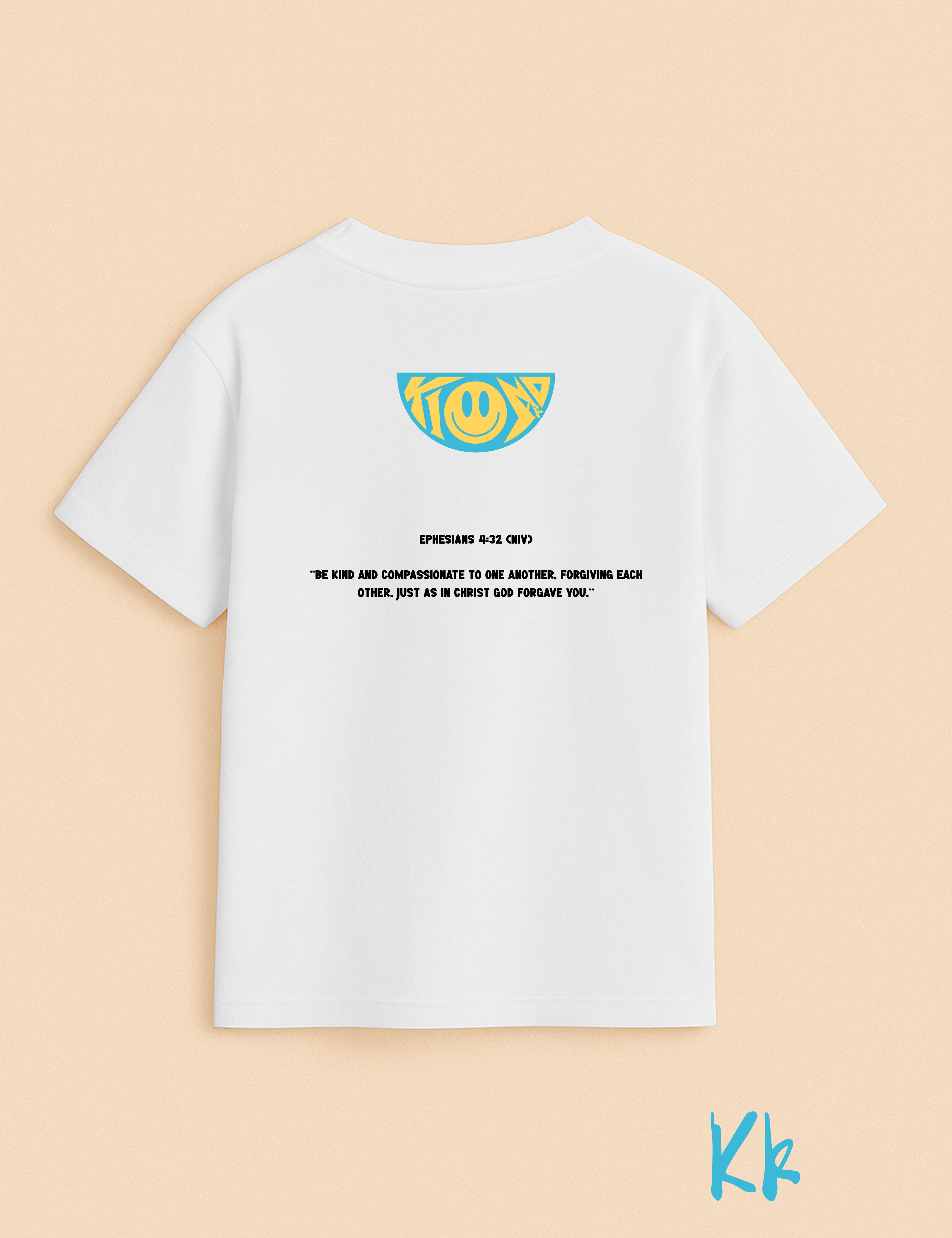White t-shirt with a yellow logo and text on the back against a beige background
