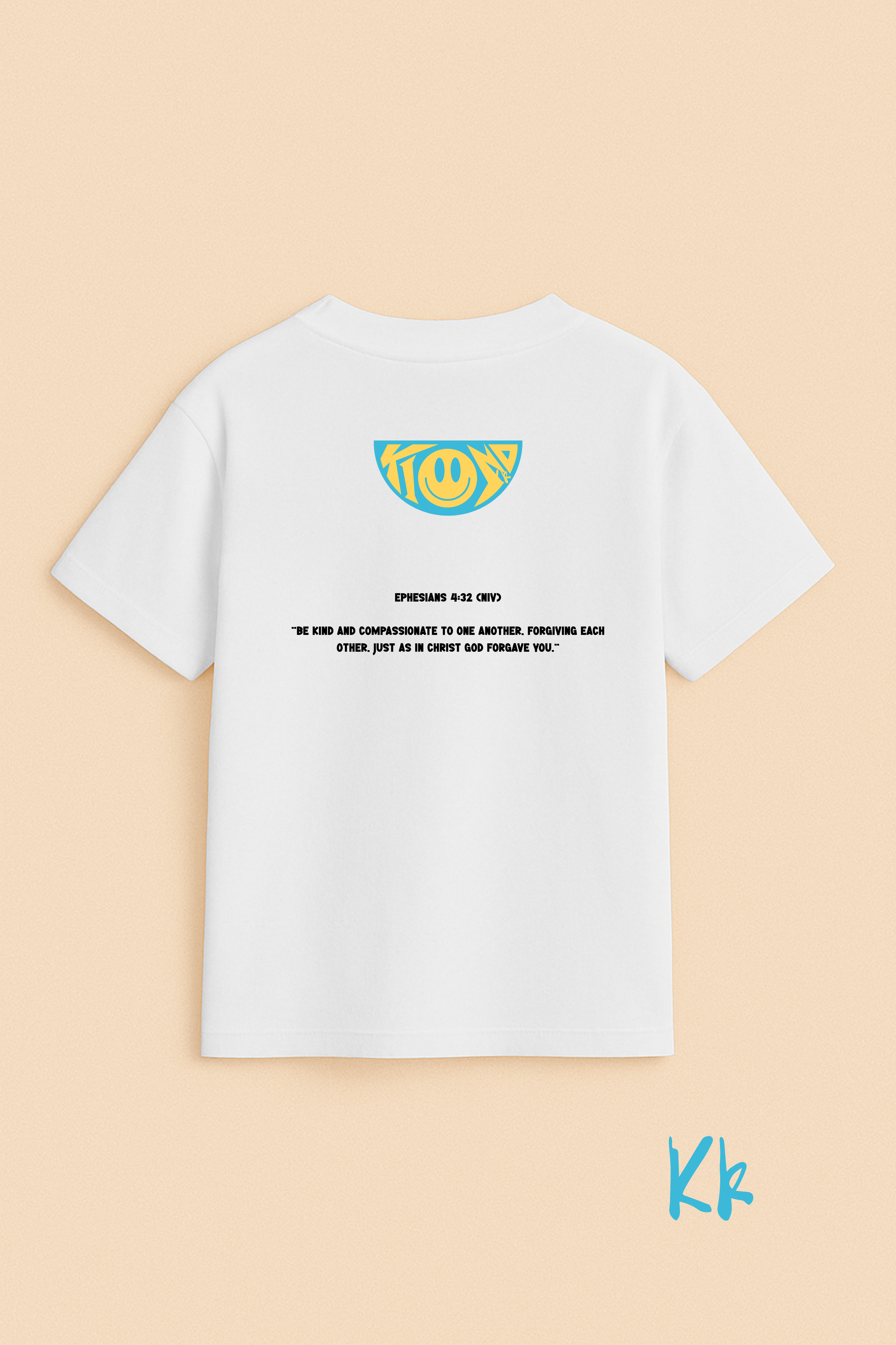 White t-shirt with a yellow logo and text on the back against a beige background